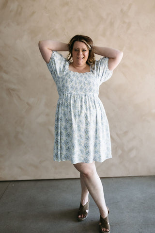 SMOCKED BODICE BUBBLE SLEEVE DRESS IN WATERCOLOR FLORAL - Love Marlow