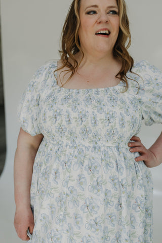 SMOCKED BODICE BUBBLE SLEEVE DRESS IN WATERCOLOR FLORAL - Love Marlow