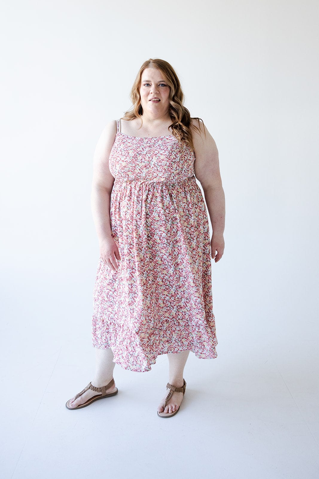 SMOCKED BODICE KNEE LENGTH DRESS IN GARDEN PARTY - L - Love Marlow