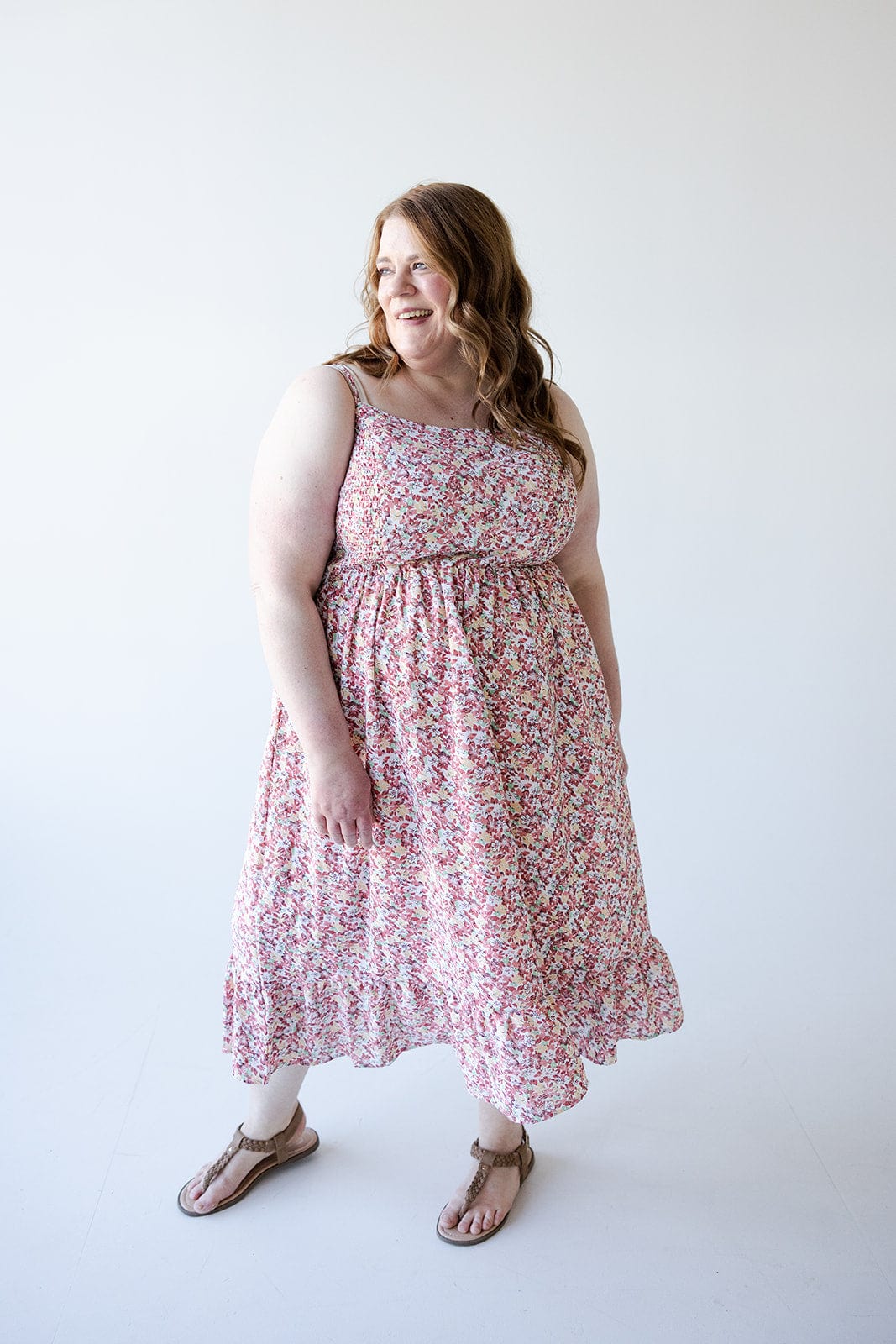 SMOCKED BODICE KNEE LENGTH DRESS IN GARDEN PARTY - L - Love Marlow