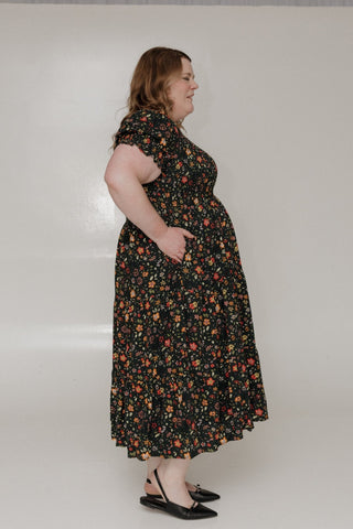 SMOCKED BODICE PUFF SLEEVE MIDI DRESS IN EMERALD GREEN DOPAMINE FLORALS - Love Marlow