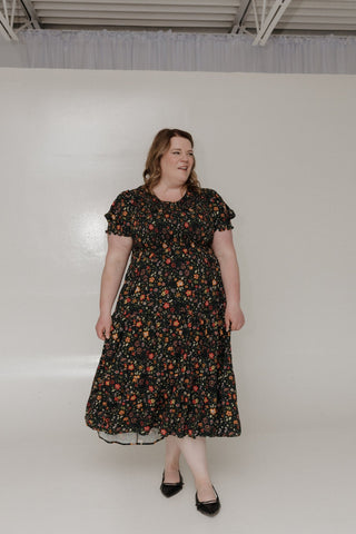 SMOCKED BODICE PUFF SLEEVE MIDI DRESS IN EMERALD GREEN DOPAMINE FLORALS - Love Marlow