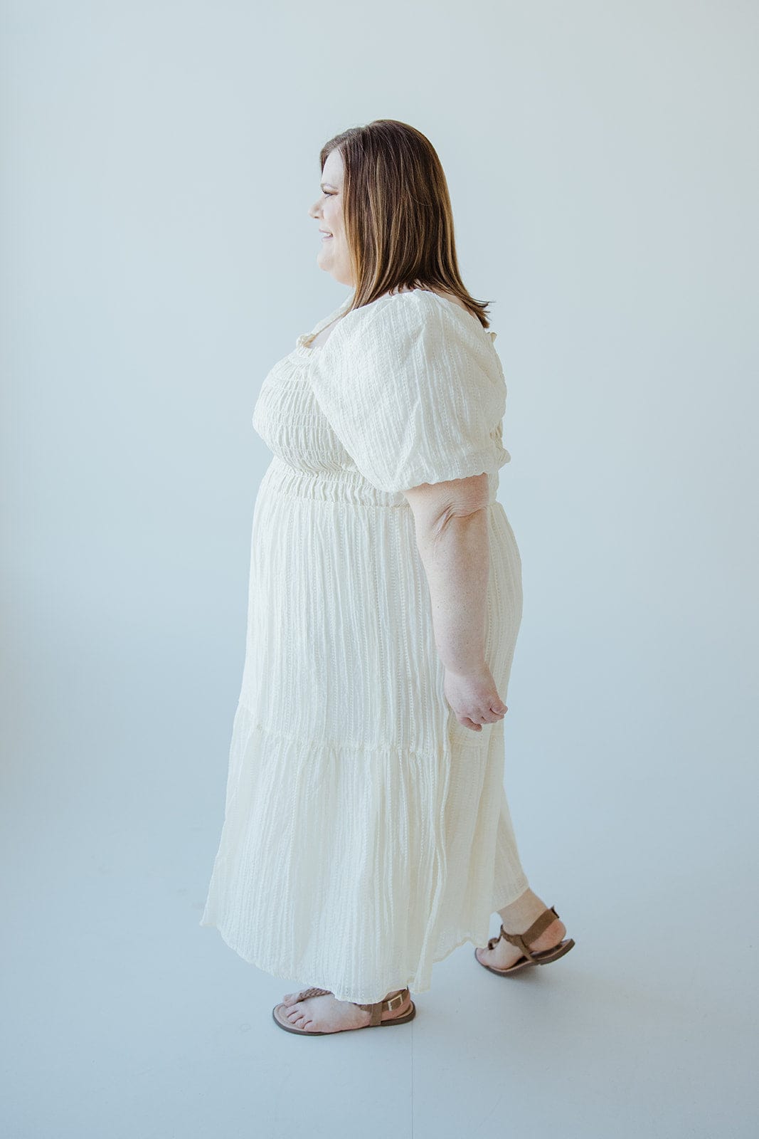 SMOCKED BODICE VERTICAL TEXTURED DRESS IN BUTTERCREAM - Love Marlow