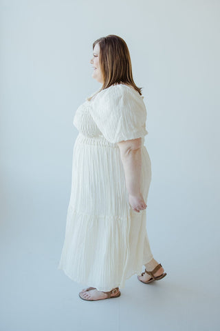 SMOCKED BODICE VERTICAL TEXTURED DRESS IN BUTTERCREAM - Love Marlow