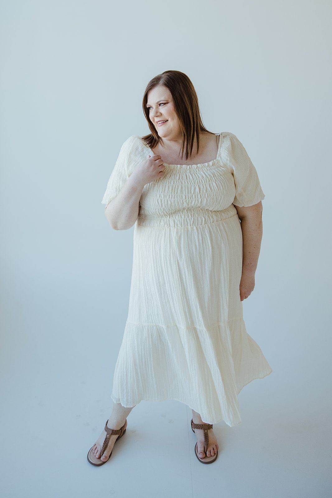 SMOCKED BODICE VERTICAL TEXTURED DRESS IN BUTTERCREAM - Love Marlow