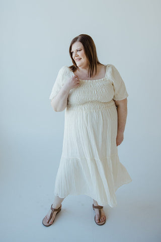 SMOCKED BODICE VERTICAL TEXTURED DRESS IN BUTTERCREAM - Love Marlow