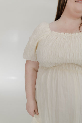 SMOCKED BODICE VERTICAL TEXTURED DRESS IN BUTTERCREAM - Love Marlow