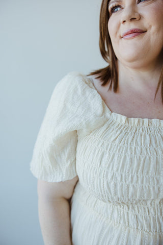 SMOCKED BODICE VERTICAL TEXTURED DRESS IN BUTTERCREAM - Love Marlow