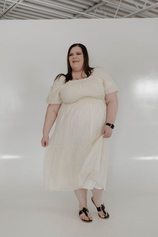 SMOCKED BODICE VERTICAL TEXTURED DRESS IN BUTTERCREAM - Love Marlow