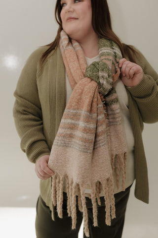 SOFT NUBBY SCARF WITH FRINGE IN PINK AND GREEN - Love Marlow