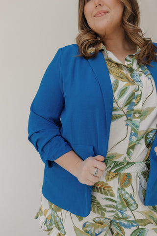 Solid Chiffon Collared Blazer – Plus Size Ruched Sleeve Blazer - Love Marlow