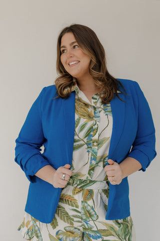 Solid Chiffon Collared Blazer – Plus Size Ruched Sleeve Blazer - Love Marlow