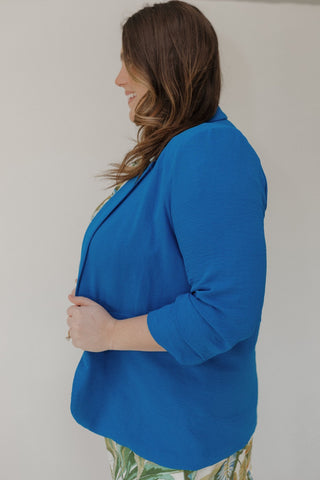 Solid Chiffon Collared Blazer – Plus Size Ruched Sleeve Blazer - Love Marlow