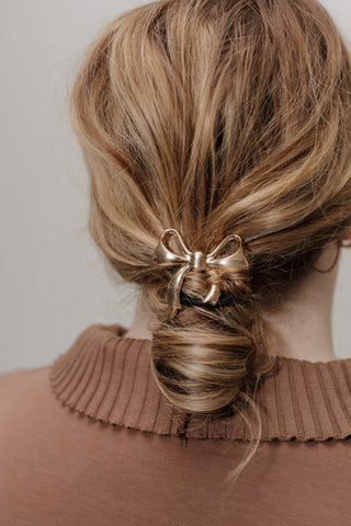 SOLID GOLD RIBBON BOW PONYTAIL HOLDER – STYLISH HAIR ELASTIC FOR THICK & THIN HAIR - Love Marlow