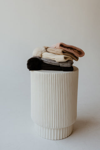 SOLID RIBBED KNIT BEANIE WITH PUFF IN TAUPE - Love Marlow