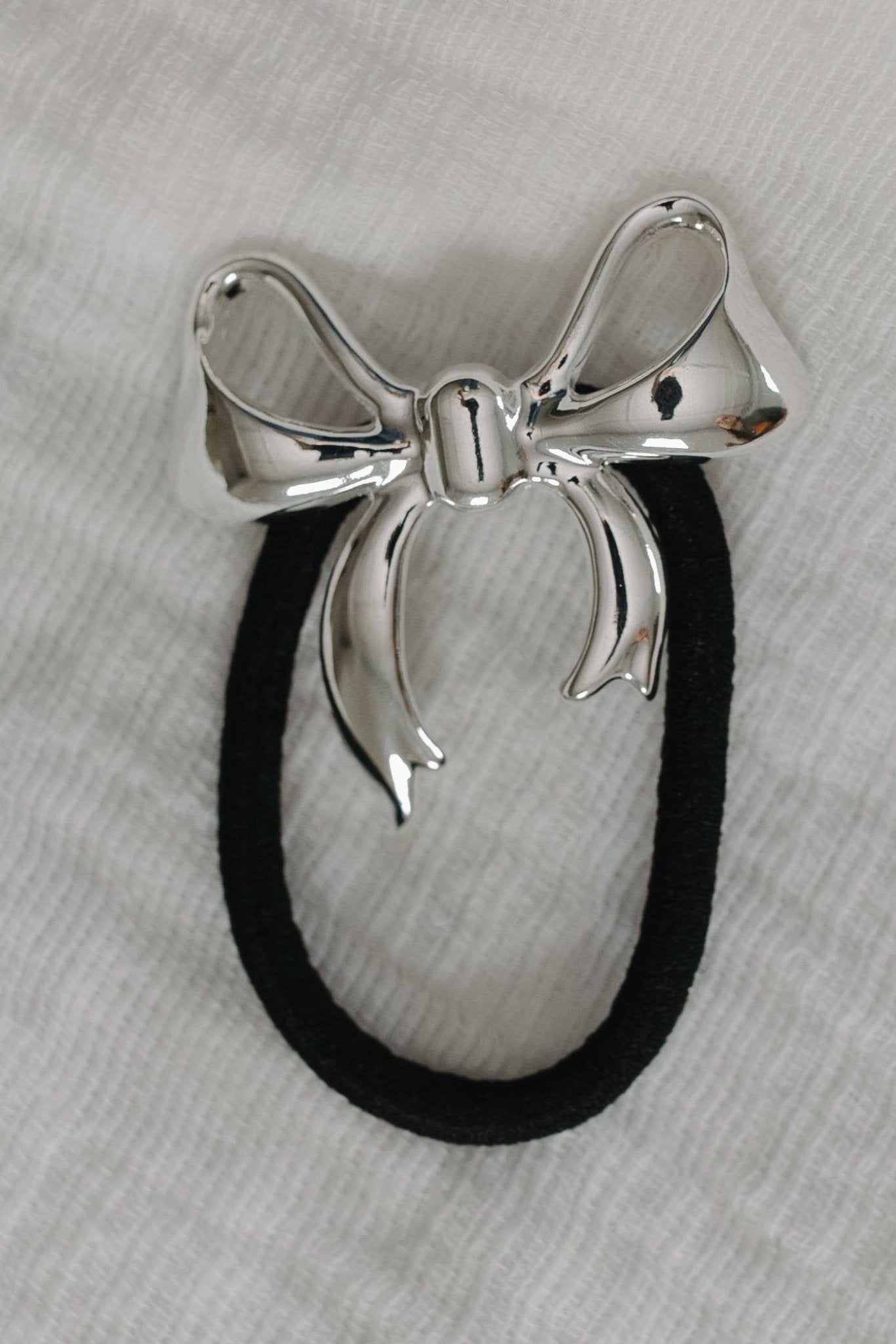 SOLID SILVER RIBBON BOW PONYTAIL HOLDER – STYLISH HAIR ELASTIC FOR THICK & THIN HAIR - Love Marlow