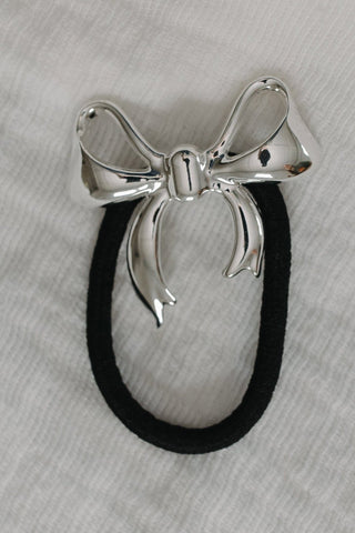 SOLID SILVER RIBBON BOW PONYTAIL HOLDER – STYLISH HAIR ELASTIC FOR THICK & THIN HAIR - Love Marlow
