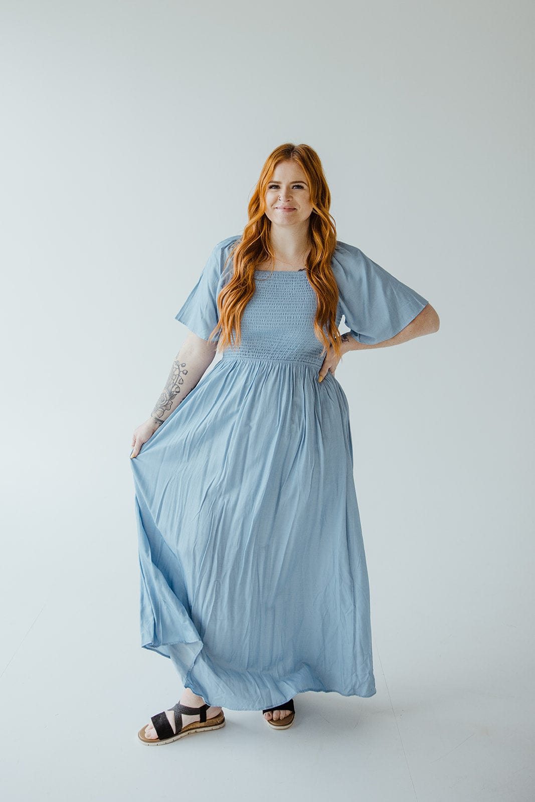 SOLID SMOCKED BODICE DRESS IN FADED DENIM SHEEN - Love Marlow