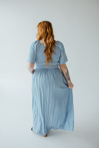 SOLID SMOCKED BODICE DRESS IN FADED DENIM SHEEN - Love Marlow