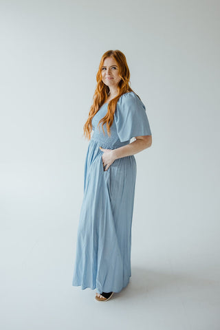SOLID SMOCKED BODICE DRESS IN FADED DENIM SHEEN - Love Marlow