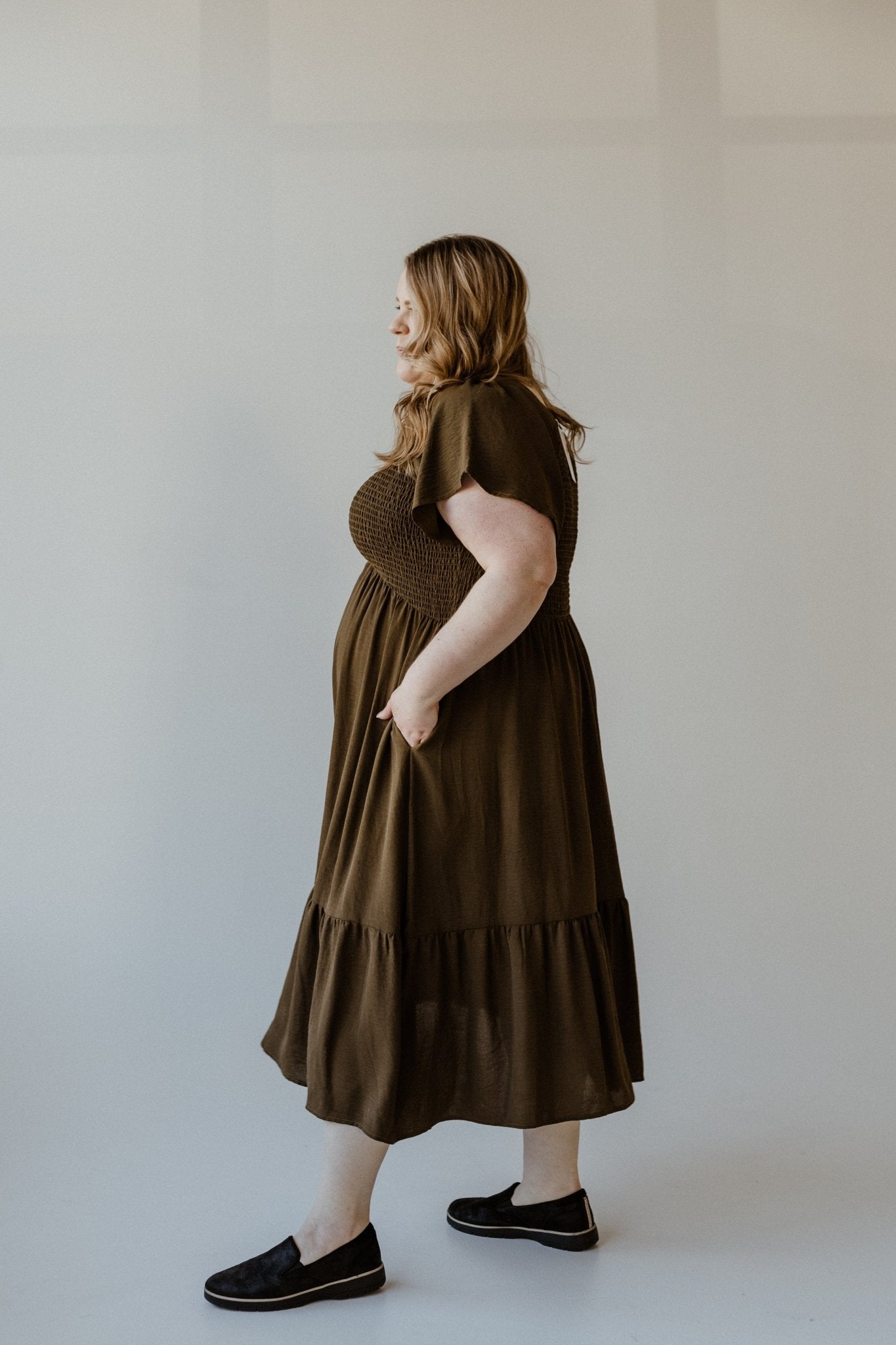 SOLID SMOCKED BODICE MIDI LENGTH DRESS IN BRONZED LAUREL - Love Marlow