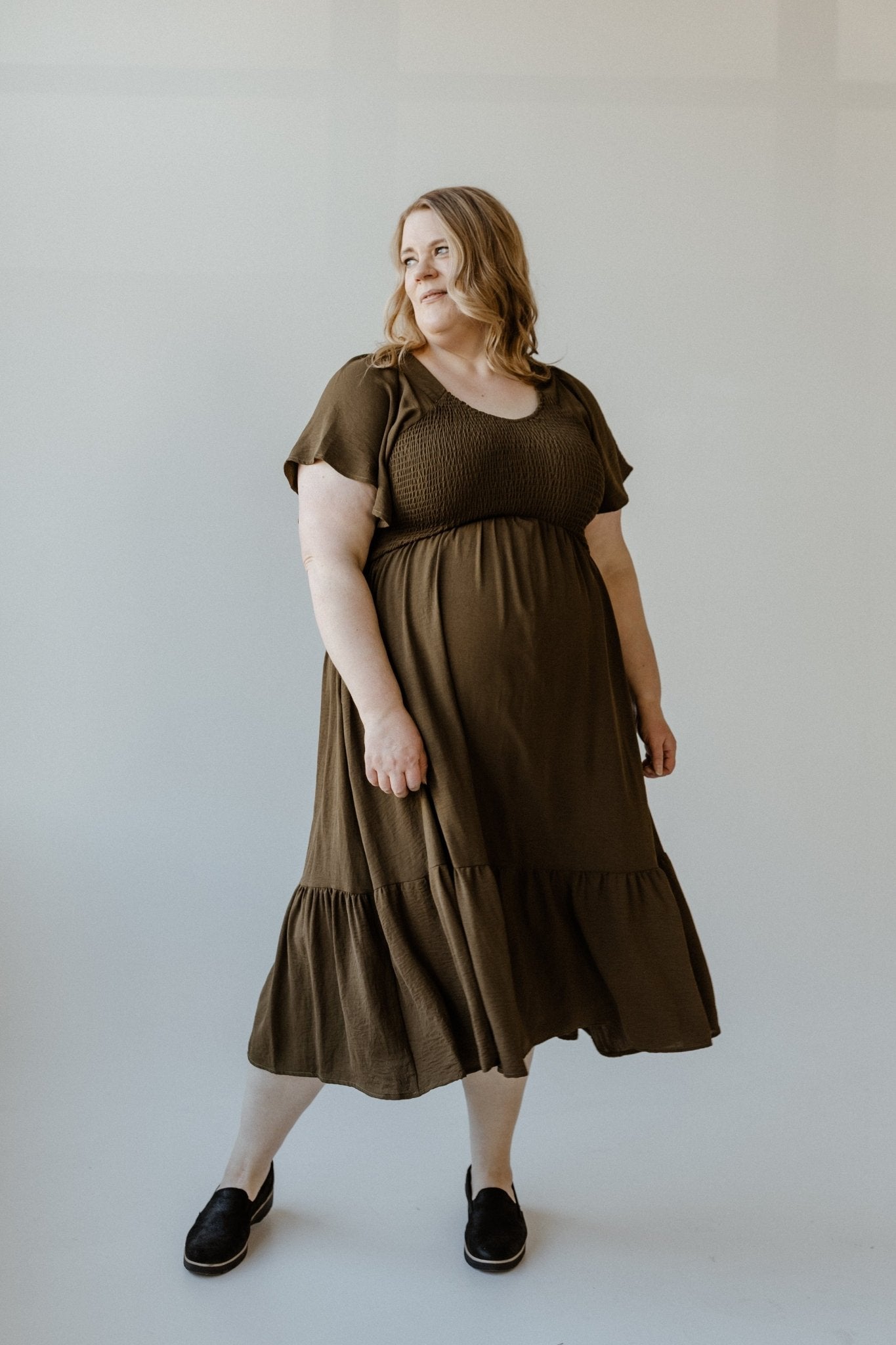 SOLID SMOCKED BODICE MIDI LENGTH DRESS IN BRONZED LAUREL - Love Marlow