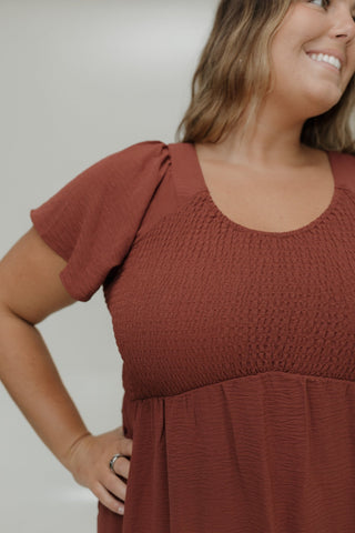 SOLID SMOCKED BODICE MIDI LENGTH DRESS IN RED CLAY - Love Marlow