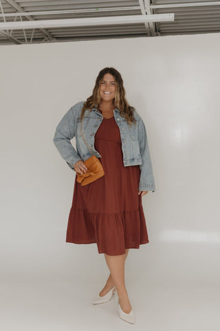 SOLID SMOCKED BODICE MIDI LENGTH DRESS IN RED CLAY - Love Marlow