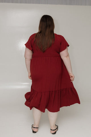 SOLID SMOCKED BODICE MIDI LENGTH DRESS IN SPICED WINE - Love Marlow