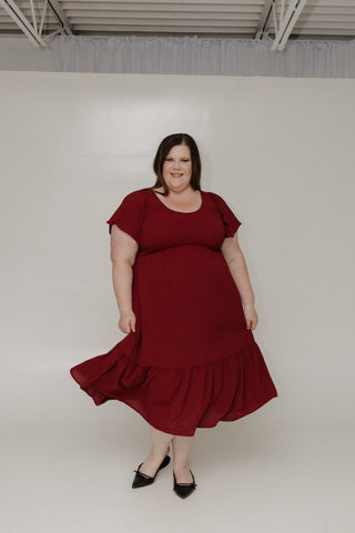 SOLID SMOCKED BODICE MIDI LENGTH DRESS IN SPICED WINE - Love Marlow
