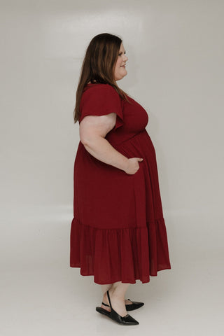 SOLID SMOCKED BODICE MIDI LENGTH DRESS IN SPICED WINE - Love Marlow