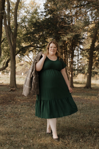 SOLID SMOCKED BODICE MIDI LENGTH DRESS IN SPRUCE FOREST - Love Marlow
