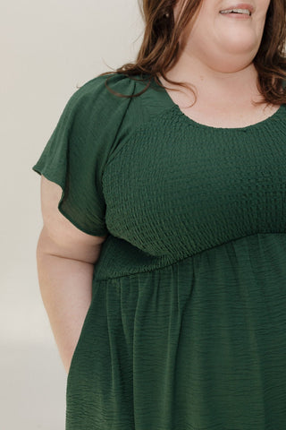 SOLID SMOCKED BODICE MIDI LENGTH DRESS IN SPRUCE FOREST - Love Marlow