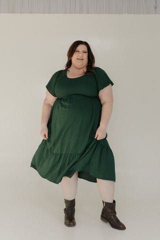 SOLID SMOCKED BODICE MIDI LENGTH DRESS IN SPRUCE FOREST - Love Marlow