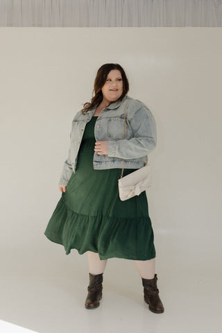 SOLID SMOCKED BODICE MIDI LENGTH DRESS IN SPRUCE FOREST - Love Marlow