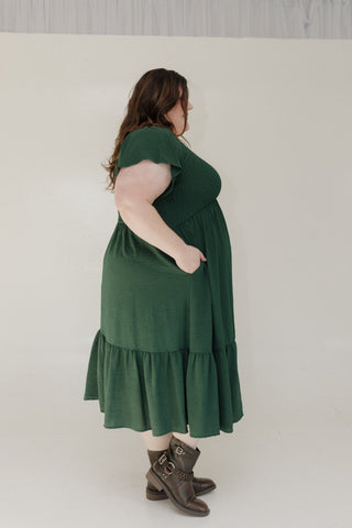 SOLID SMOCKED BODICE MIDI LENGTH DRESS IN SPRUCE FOREST - Love Marlow