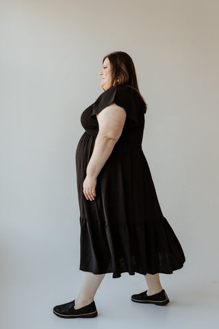 SOLID SMOCKED BODICE MIDI LENGTH DRESS IN VERY BLACK - Love Marlow