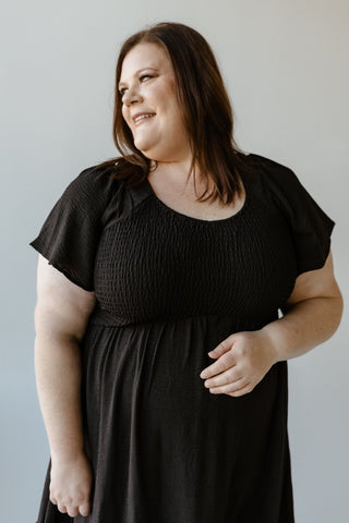 SOLID SMOCKED BODICE MIDI LENGTH DRESS IN VERY BLACK - Love Marlow