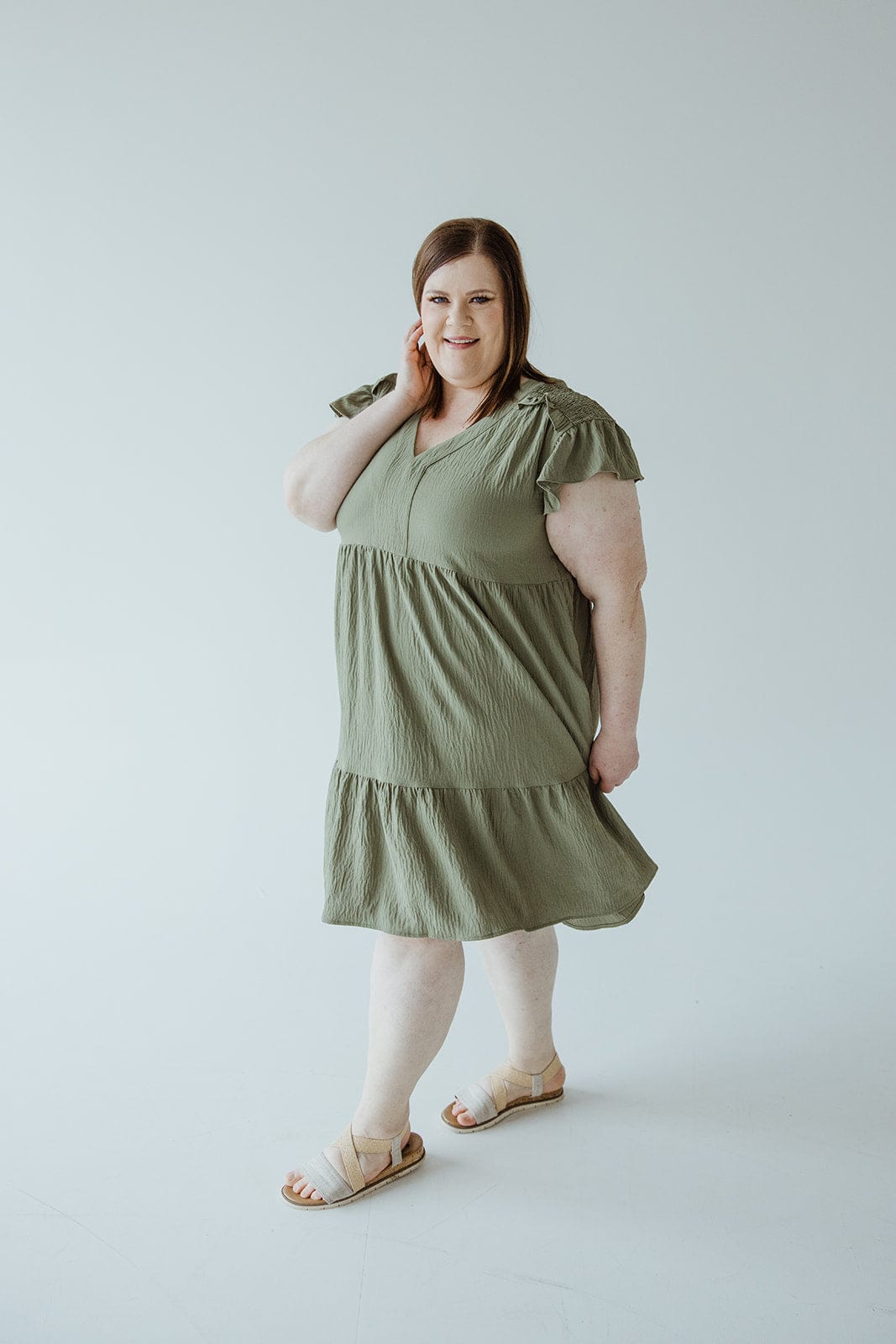 SOLID WOVEN TIERED DRESS WITH FLUTTER SLEEVE IN CACTUS - Love Marlow