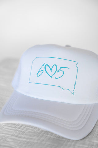 South Dakota 605 White Mesh Trucker Hat - Love Marlow
