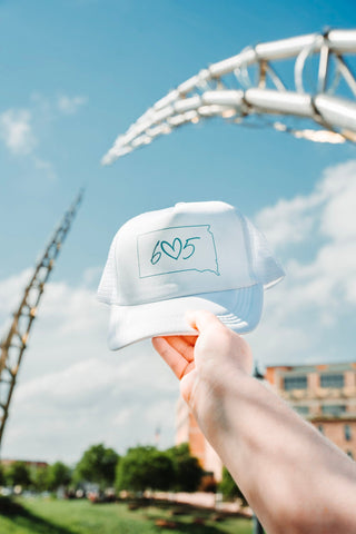 South Dakota 605 White Mesh Trucker Hat - Love Marlow