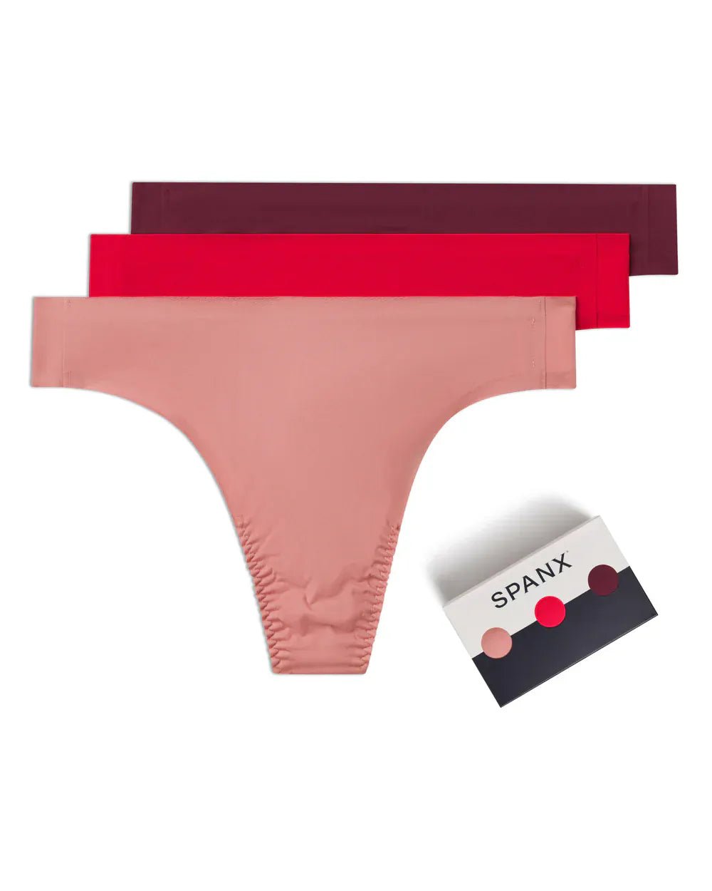 SPANXsmooth™ Fit - To - You Thong 3 - Pack Box in Rose Quartz, Spanx Red, and Blackberry - Love Marlow