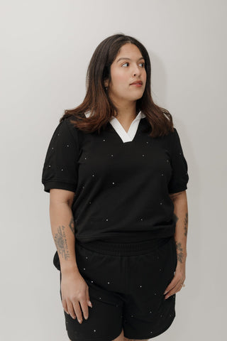 Sparkly Short Sleeve Polo Top – Black Rhinestone - Love Marlow