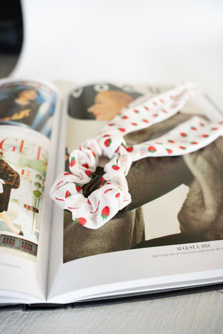 Strawberry Dream Chiffon Ribbon Scrunchie – Long Tail Romantic Hair Tie - Love Marlow