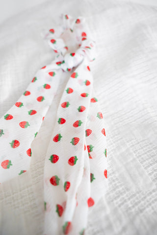 Strawberry Dream Chiffon Ribbon Scrunchie – Long Tail Romantic Hair Tie - Love Marlow