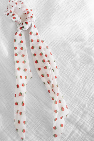 Strawberry Dream Chiffon Ribbon Scrunchie – Long Tail Romantic Hair Tie - Love Marlow