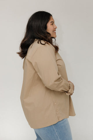 STRETCHY BUTTON-UP BLOUSE WITH BUTTON DETAILS IN CORK - Love Marlow