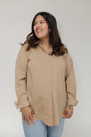 STRETCHY BUTTON-UP BLOUSE WITH BUTTON DETAILS IN CORK - Love Marlow