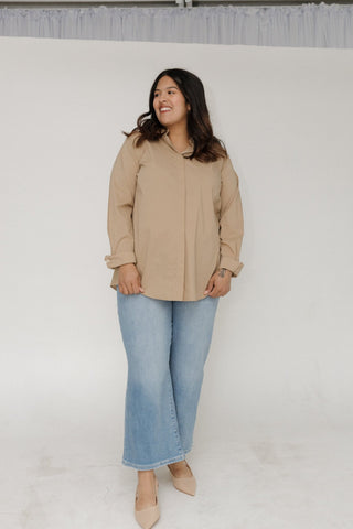 STRETCHY BUTTON-UP BLOUSE WITH BUTTON DETAILS IN CORK - Love Marlow