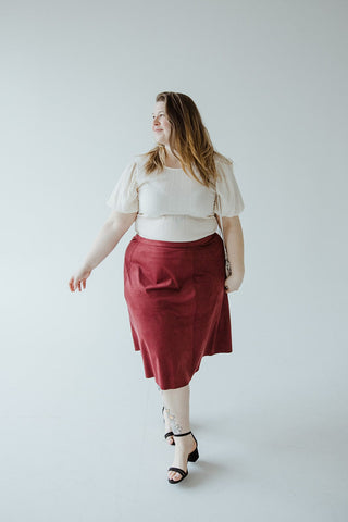 STRETCHY FAUX SUEDE A - LINE SKIRT IN MULLED WINE - Love Marlow